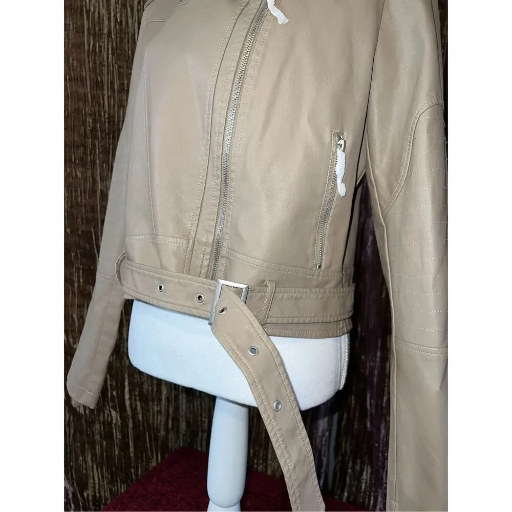 NEW Women’s Faux Leather Tan Moto Jacket XL - Picture 2 of 8
